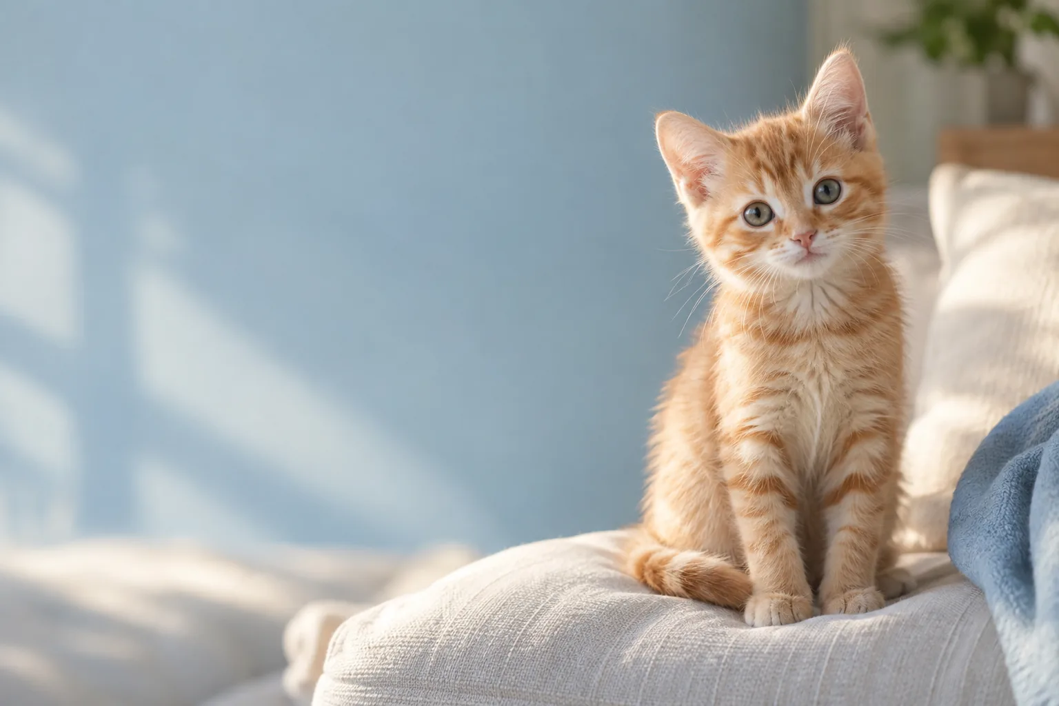 Ginger kitten sitting on a cream cushion in a quiet blue room