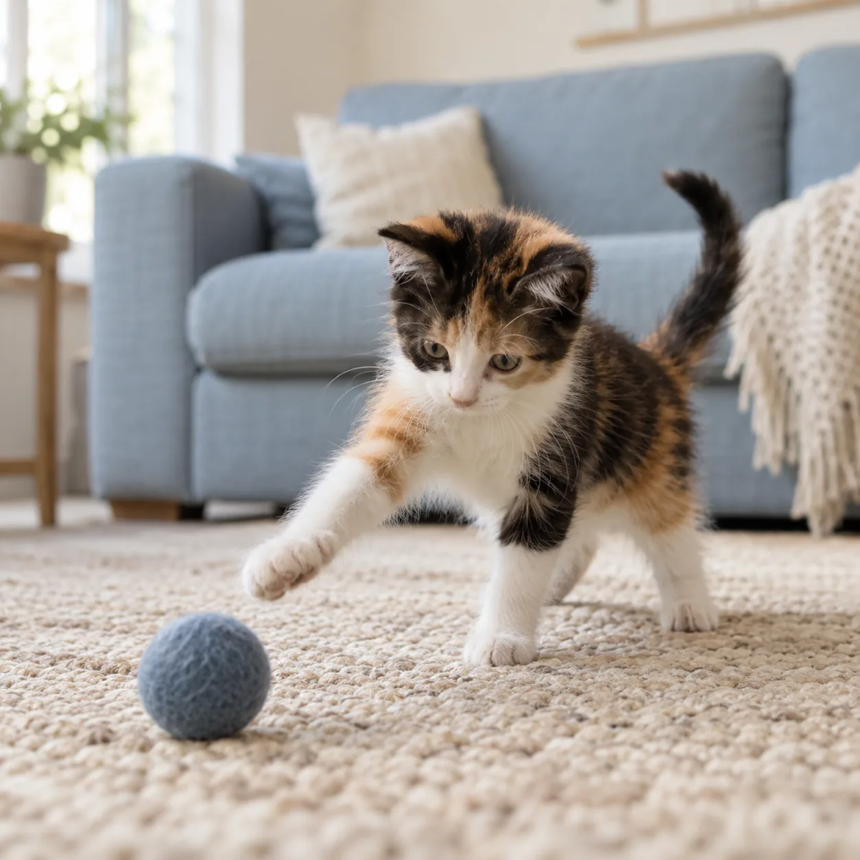 Calico kitten reaching for a soft blue ball