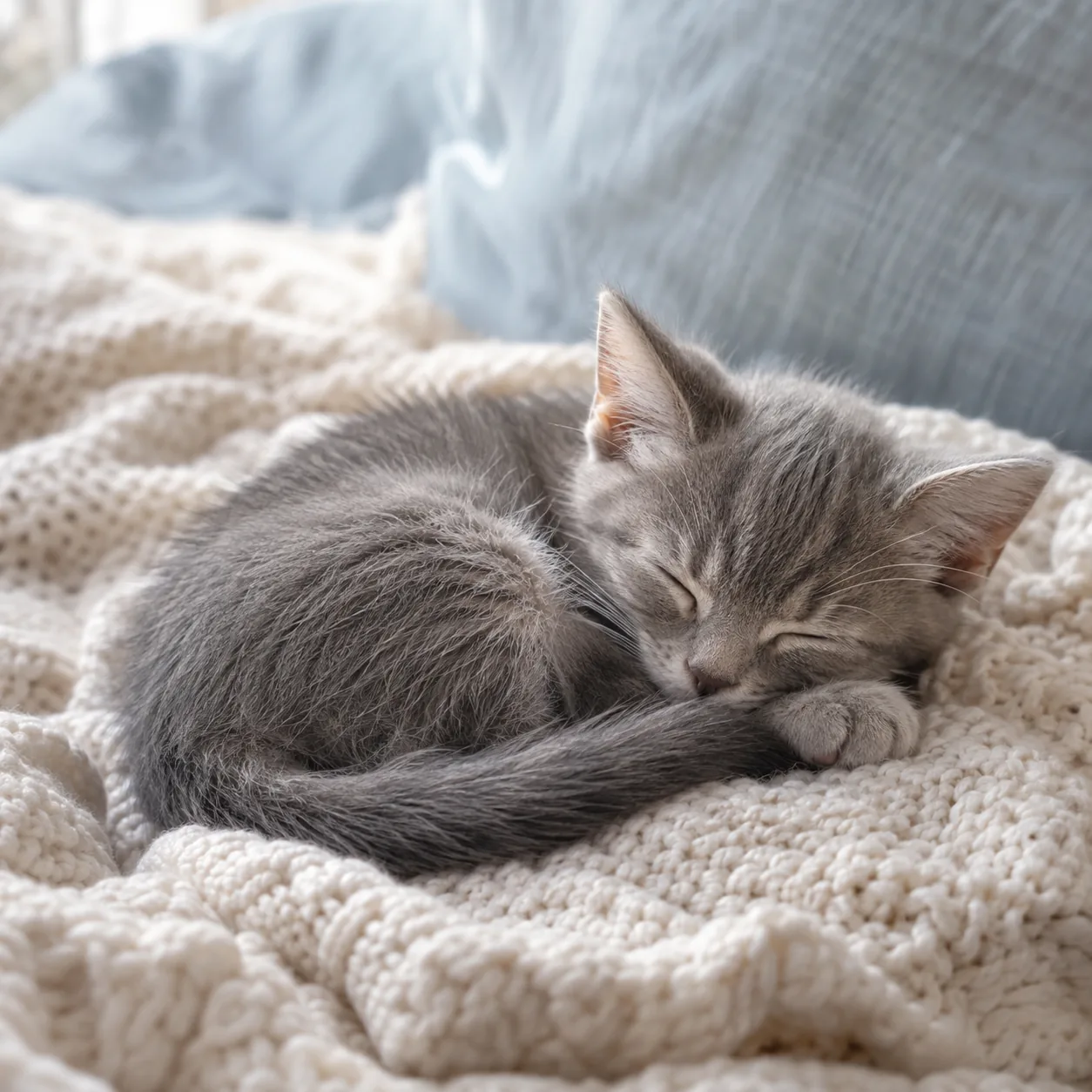 Gray kitten curled up asleep on a cream knit blanket