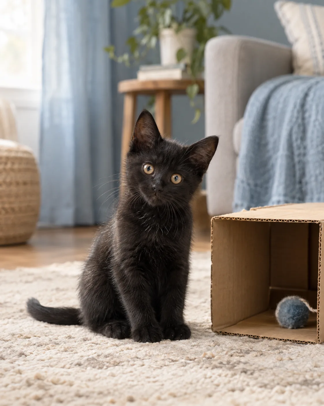 Black kitten sitting beside an open cardboard box
